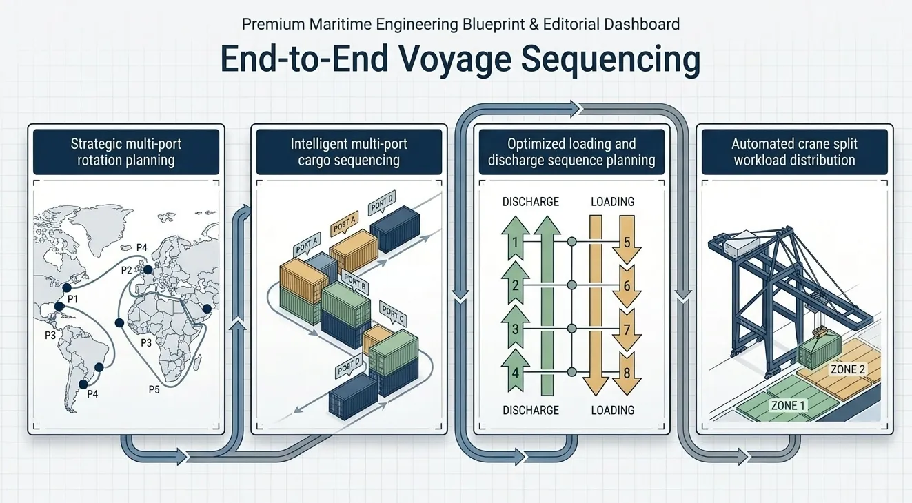 End-to-end voyage sequencing: multi-port rotation, cargo sequencing, load/discharge and crane split